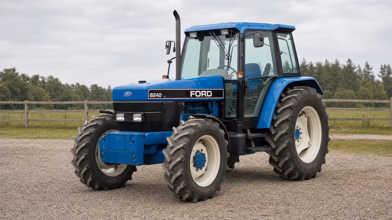 Ford 8240 tractor in a rural farm setting.