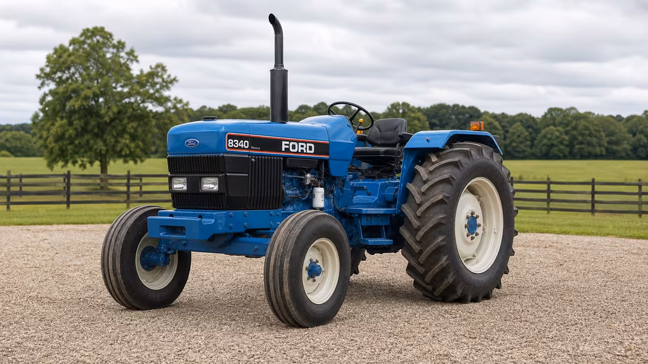 Ford 8340 tractor in a rural farm setting.