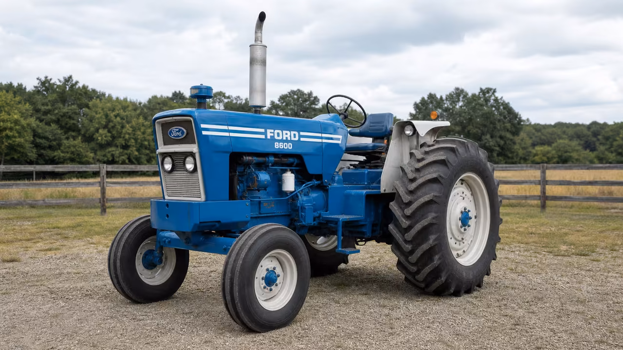 Blue Ford 8600 tractor in an open field.