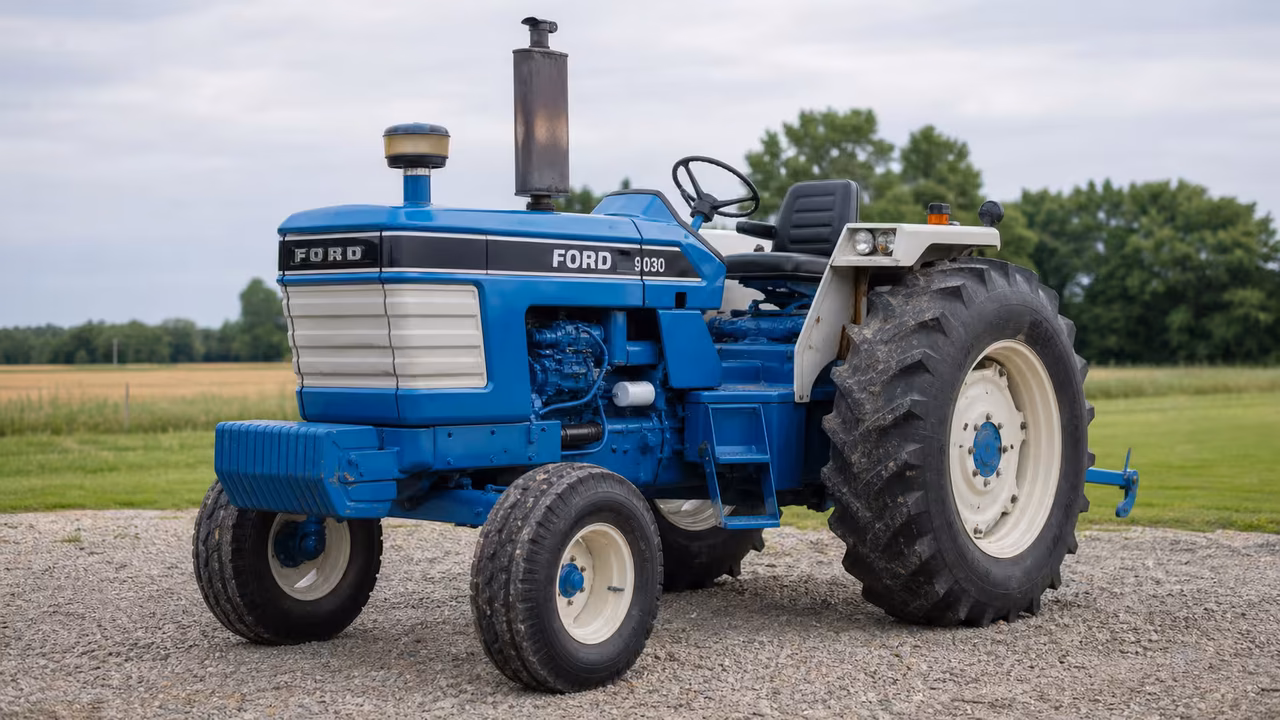 Ford 9030 tractor in a rural farm setting.