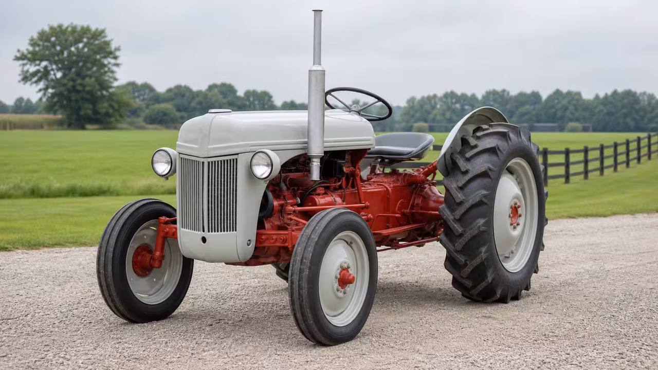 Ford 9N tractor on a gravel farm drive.