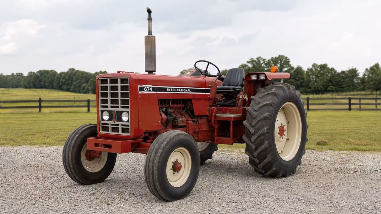 Red International Harvester 674 tractor with an open station on a gravel farm drive.