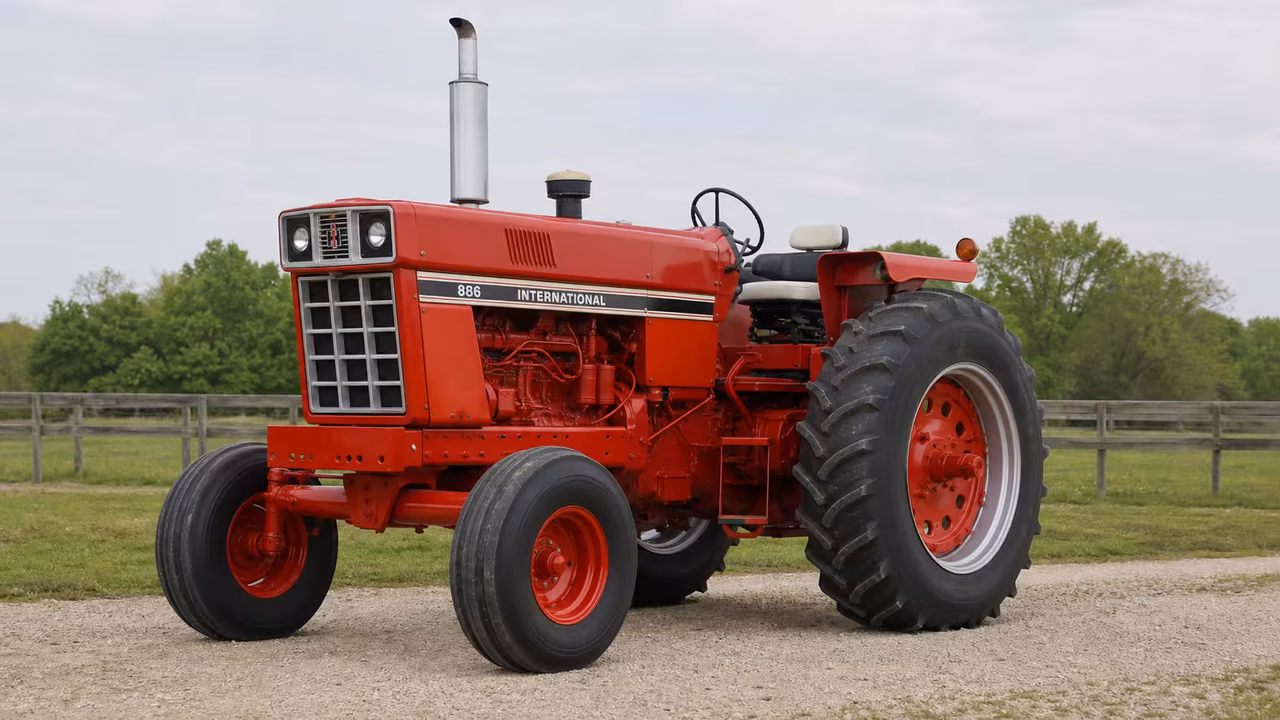 Red International Harvester 886 tractor with an open operator station and dual front wheels on a gravel farm drive.