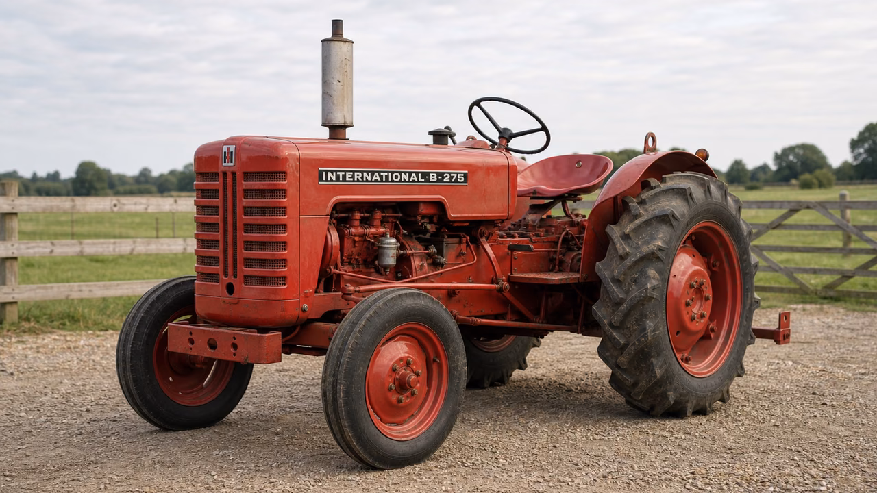 International Harvester B-275 tractor in a rural farm setting.