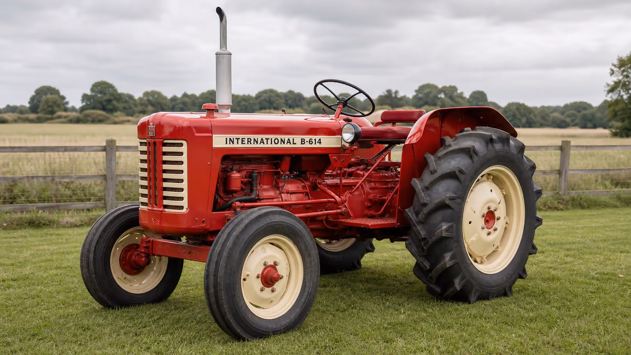 International Harvester B-614 tractor in a rural farm setting.