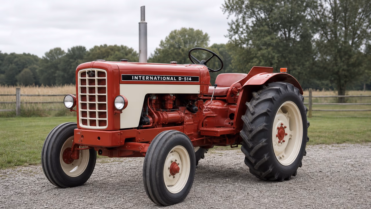 International Harvester D-514 tractor in a rural farm setting.