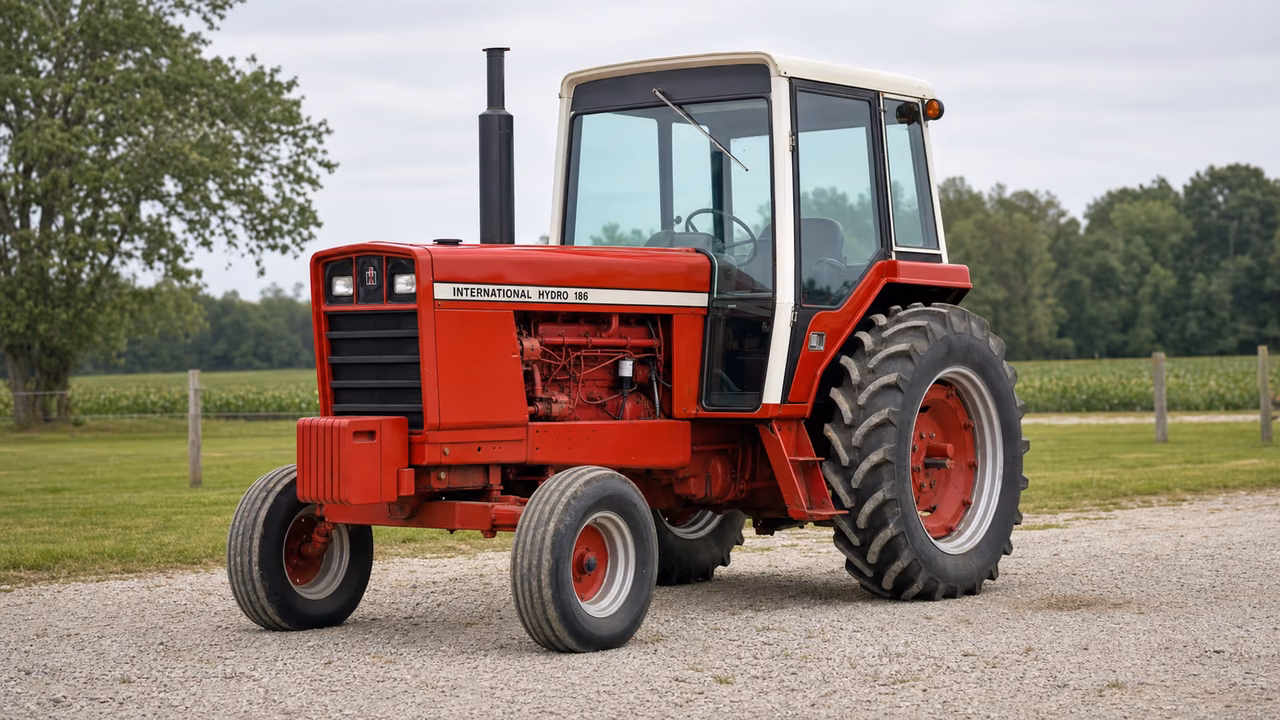 International Harvester Hydro 186 tractor in a rural farm setting.