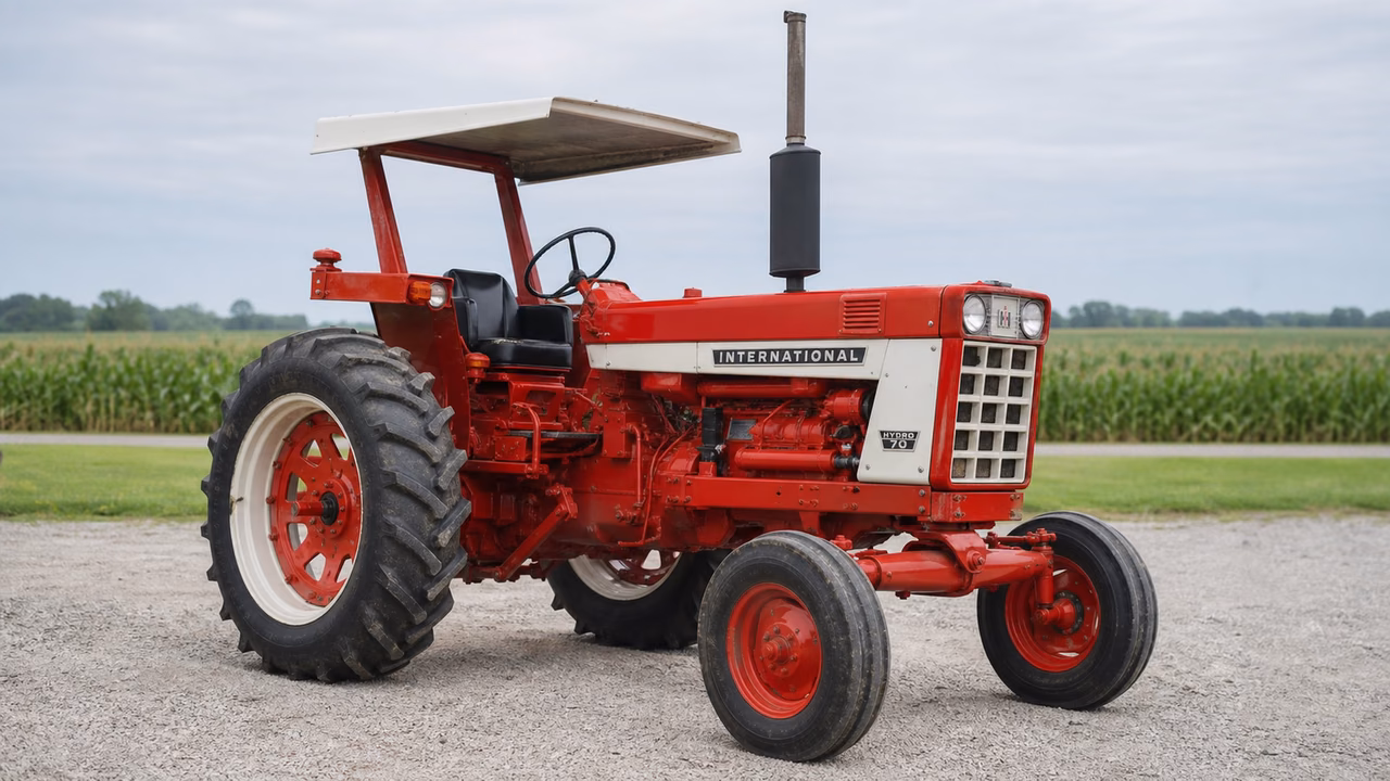 International Harvester Hydro 70 tractor in a rural farm setting.