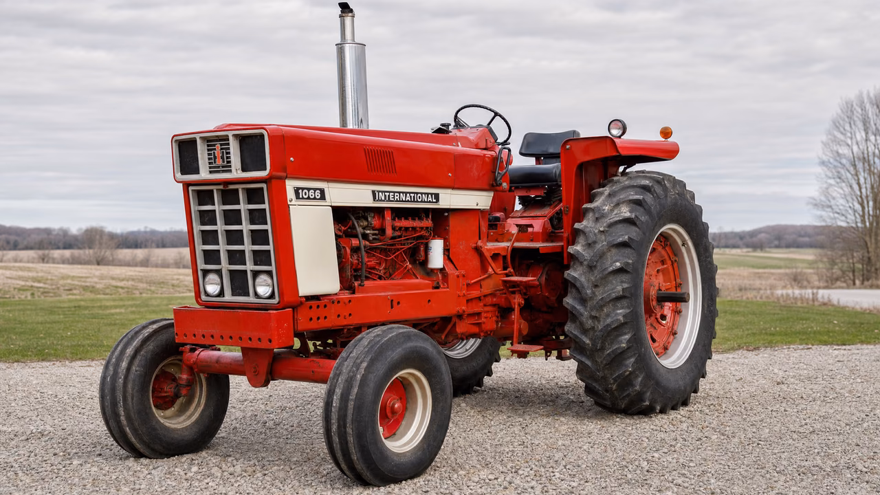 Red International Harvester 1066 tractor with an open station and wide front axle on a gravel drive.