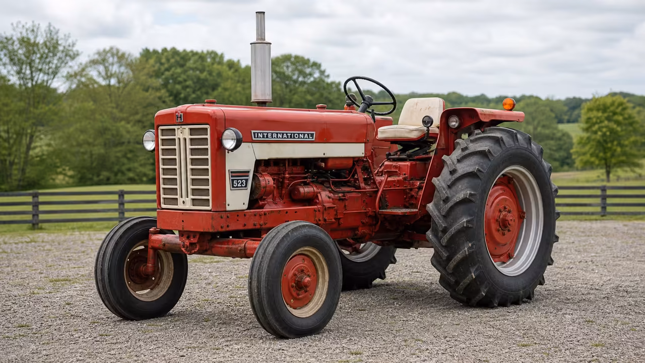 International Harvester 523 tractor in a rural farm setting.