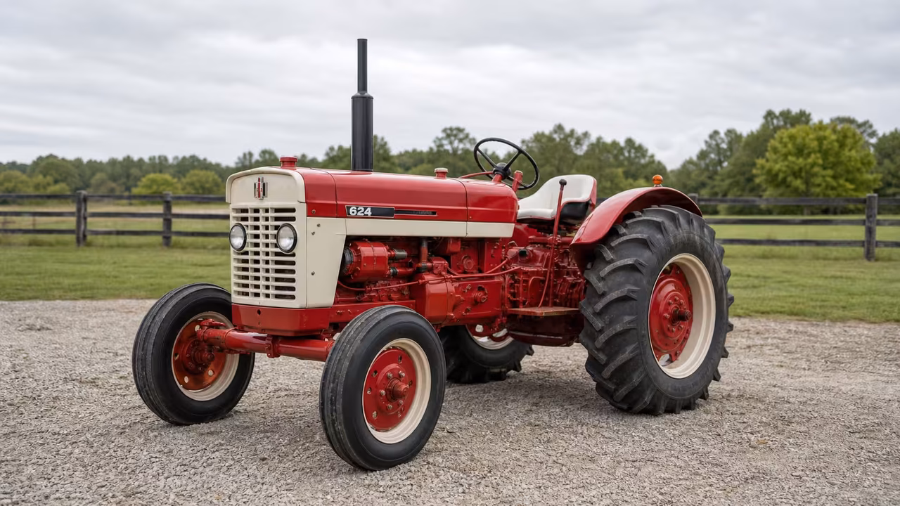International Harvester 624 tractor in a rural farm setting.