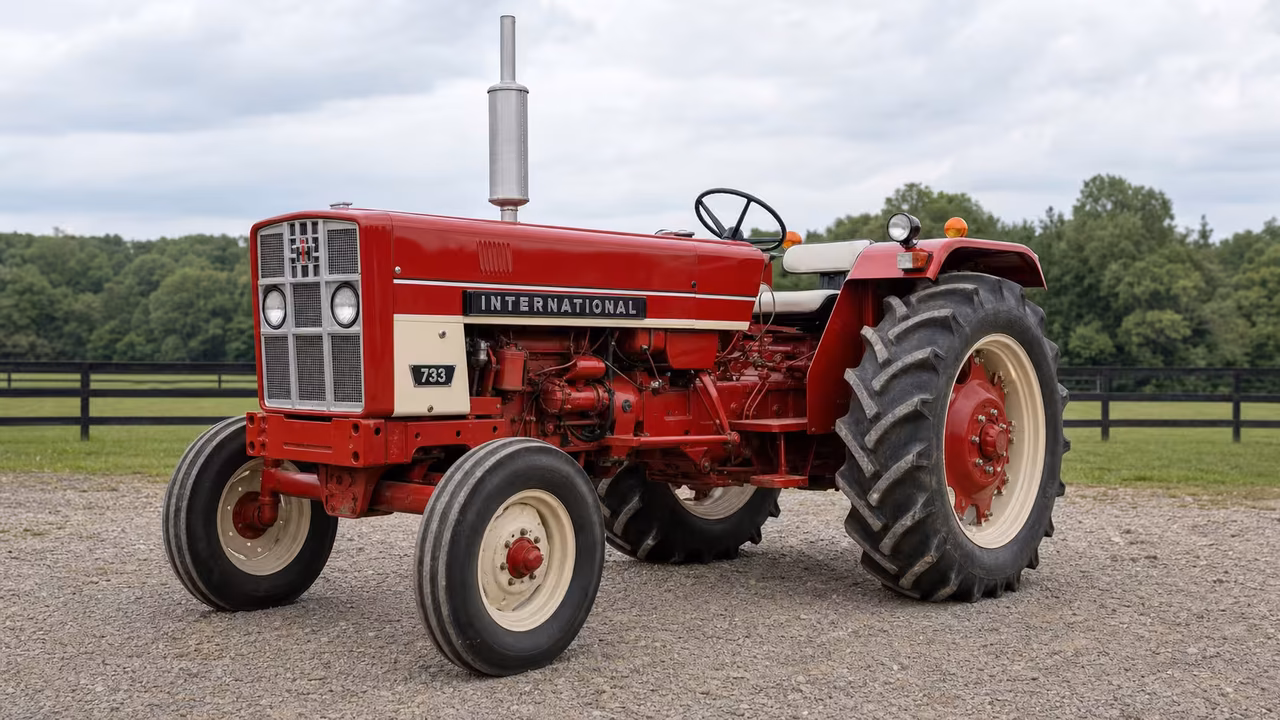 International Harvester 733 tractor in a rural farm setting.