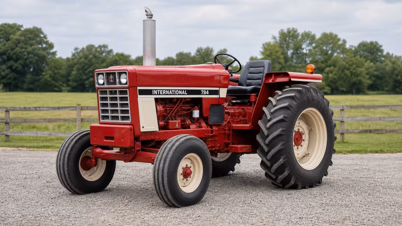 International Harvester 784 tractor in a rural farm setting.