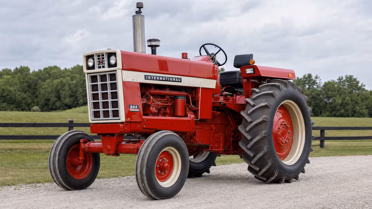 International Harvester 844-S tractor in a rural farm setting.