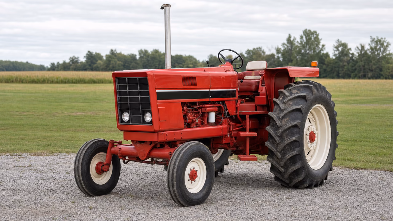 Red International Harvester 966 tractor with an open station and wide front axle on a gravel drive.