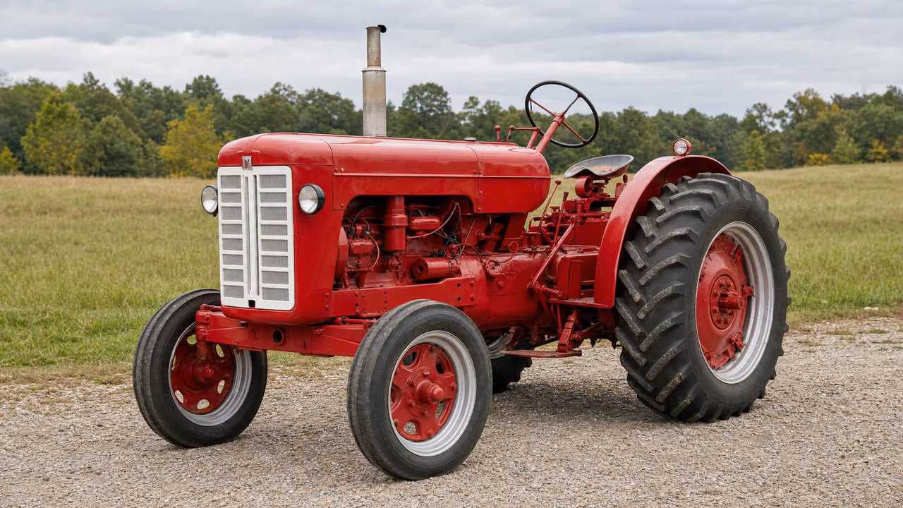 Red International Harvester W 450 tractor on a gravel farm drive.