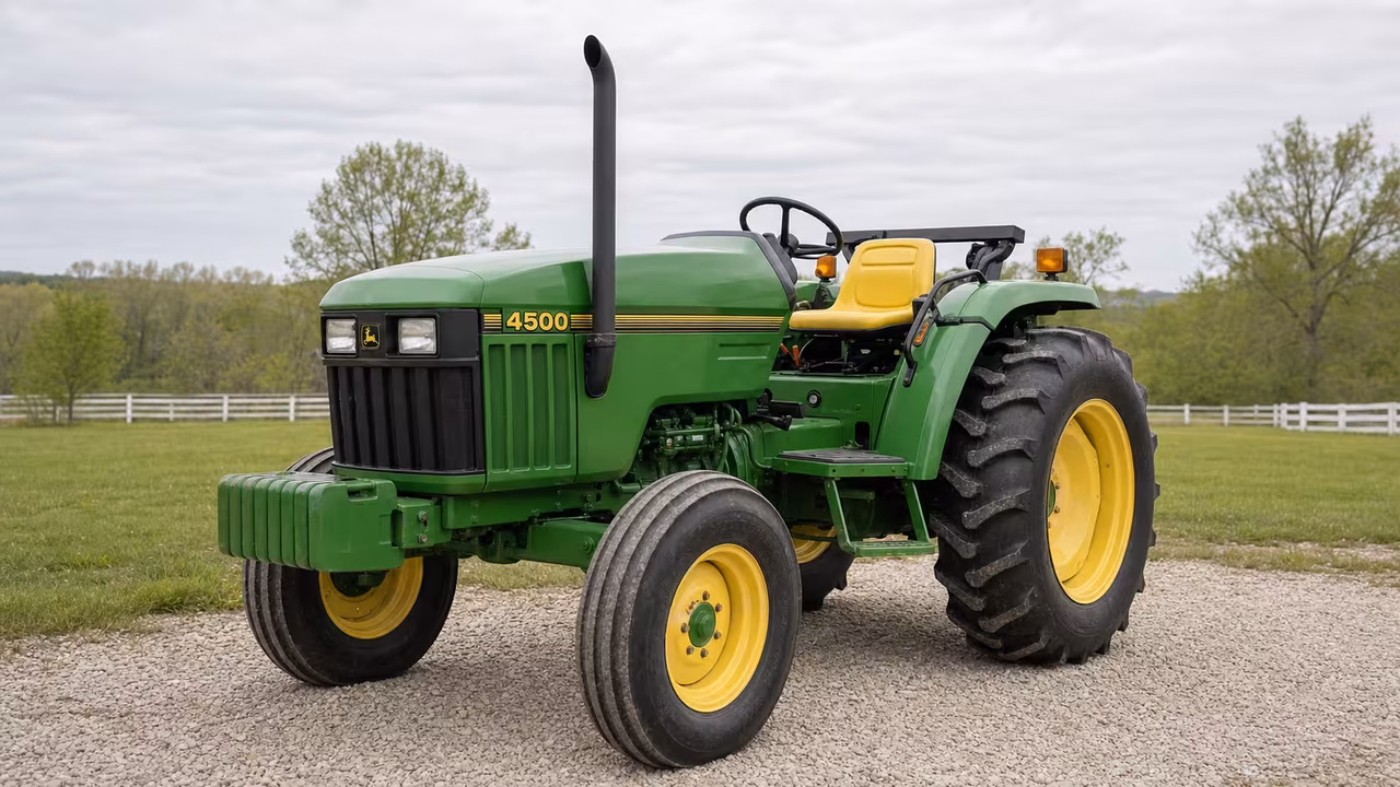 John Deere 4500 tractor in a rural farm setting.