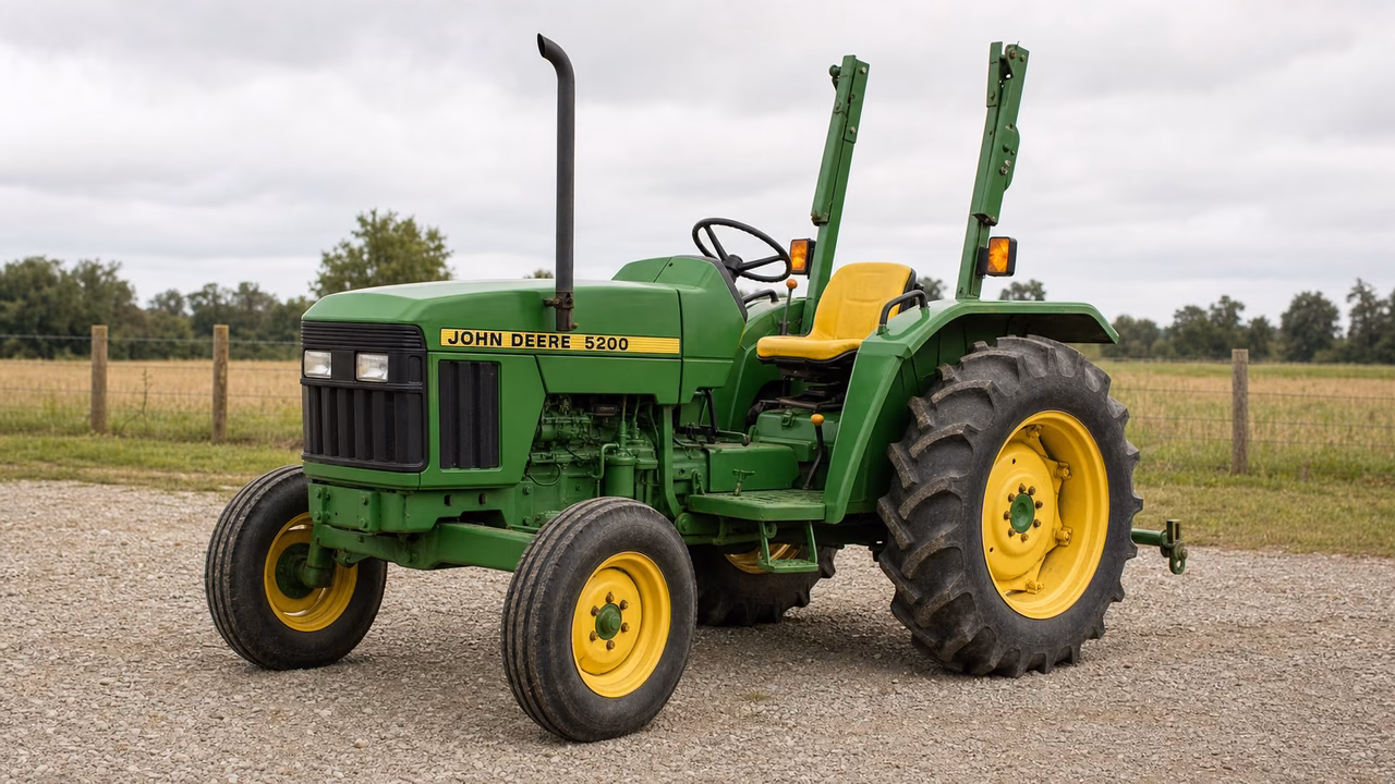 John Deere 5200 tractor in a rural farm setting.