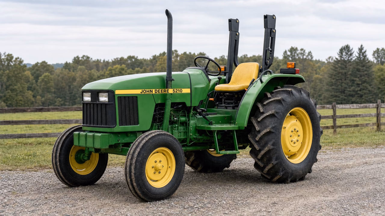 John Deere 5210 tractor in a rural farm setting.