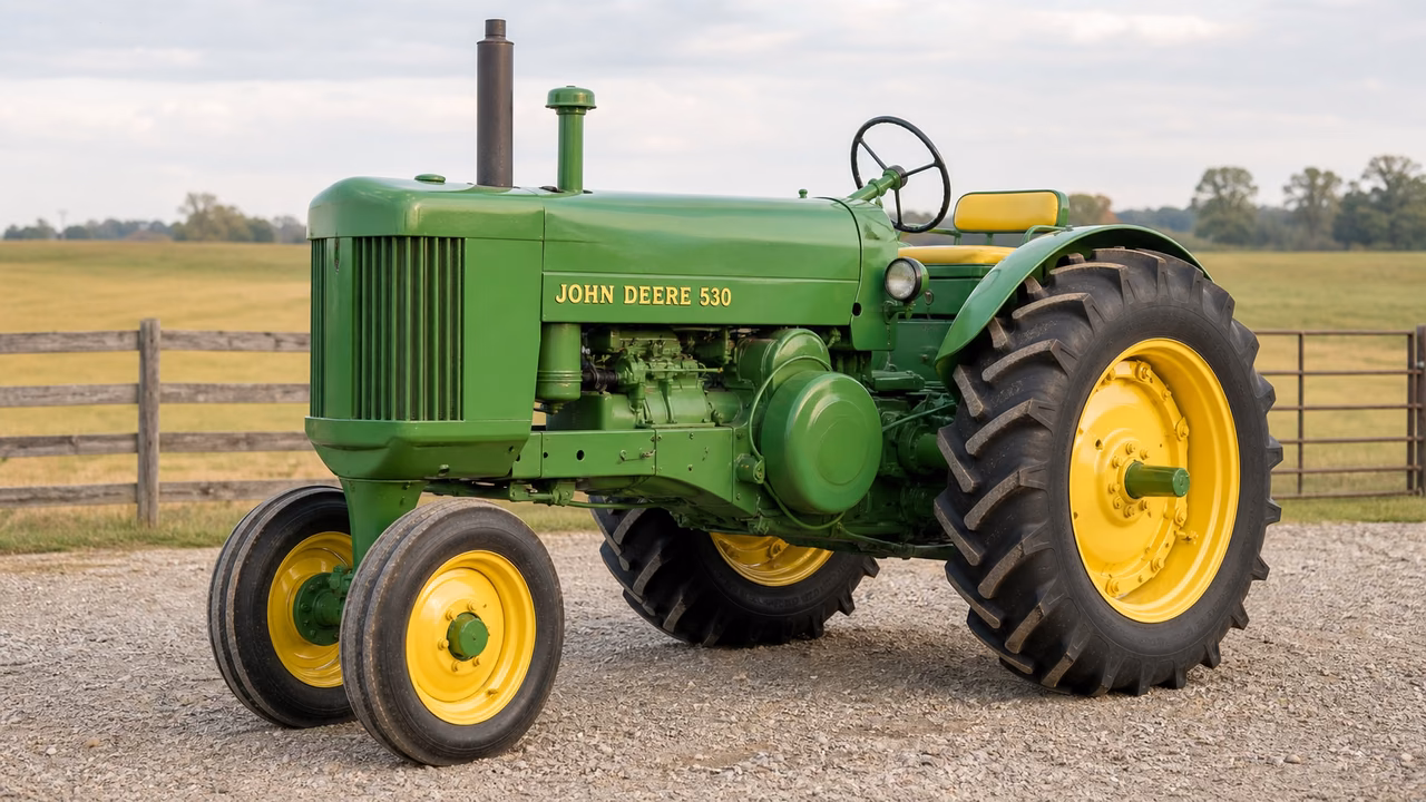 John Deere 530 tractor in a rural farm setting.