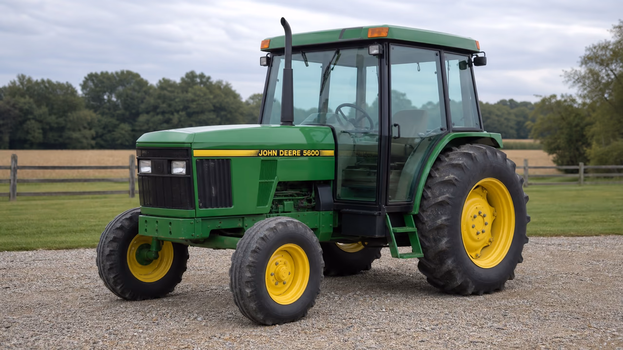 John Deere 5600 tractor in a rural farm setting.