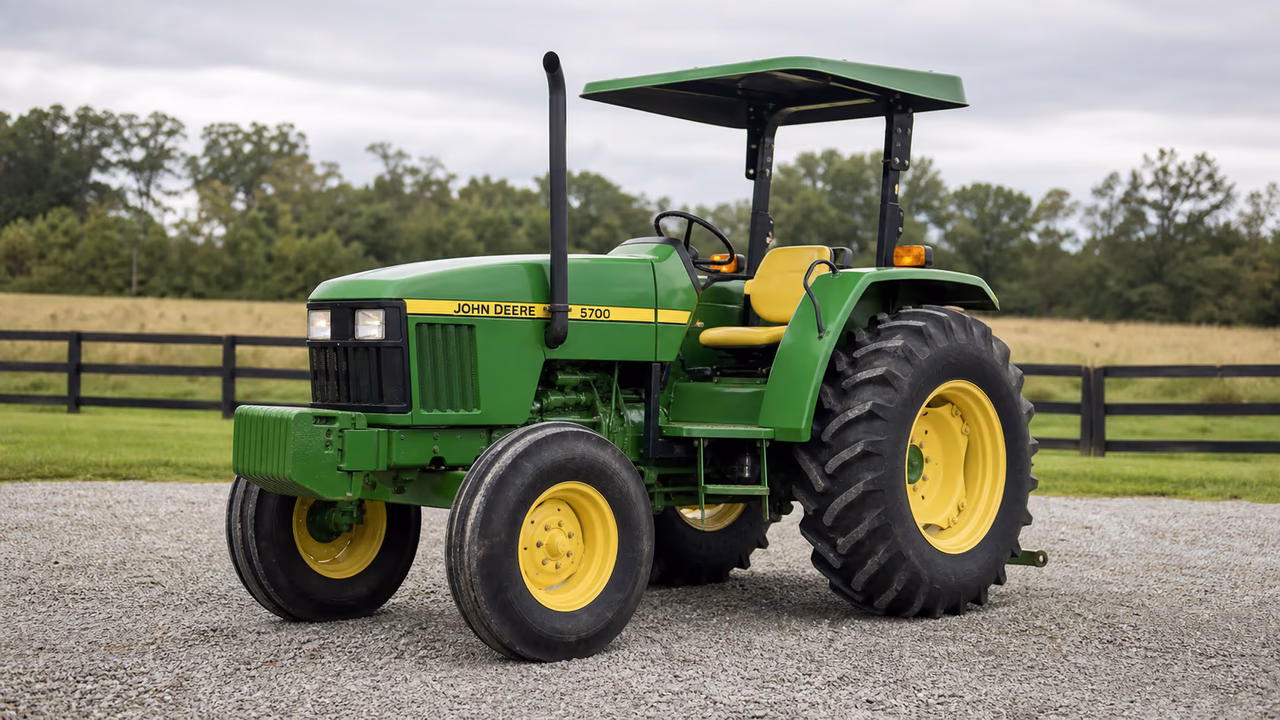 John Deere 5700 tractor in a rural farm setting.