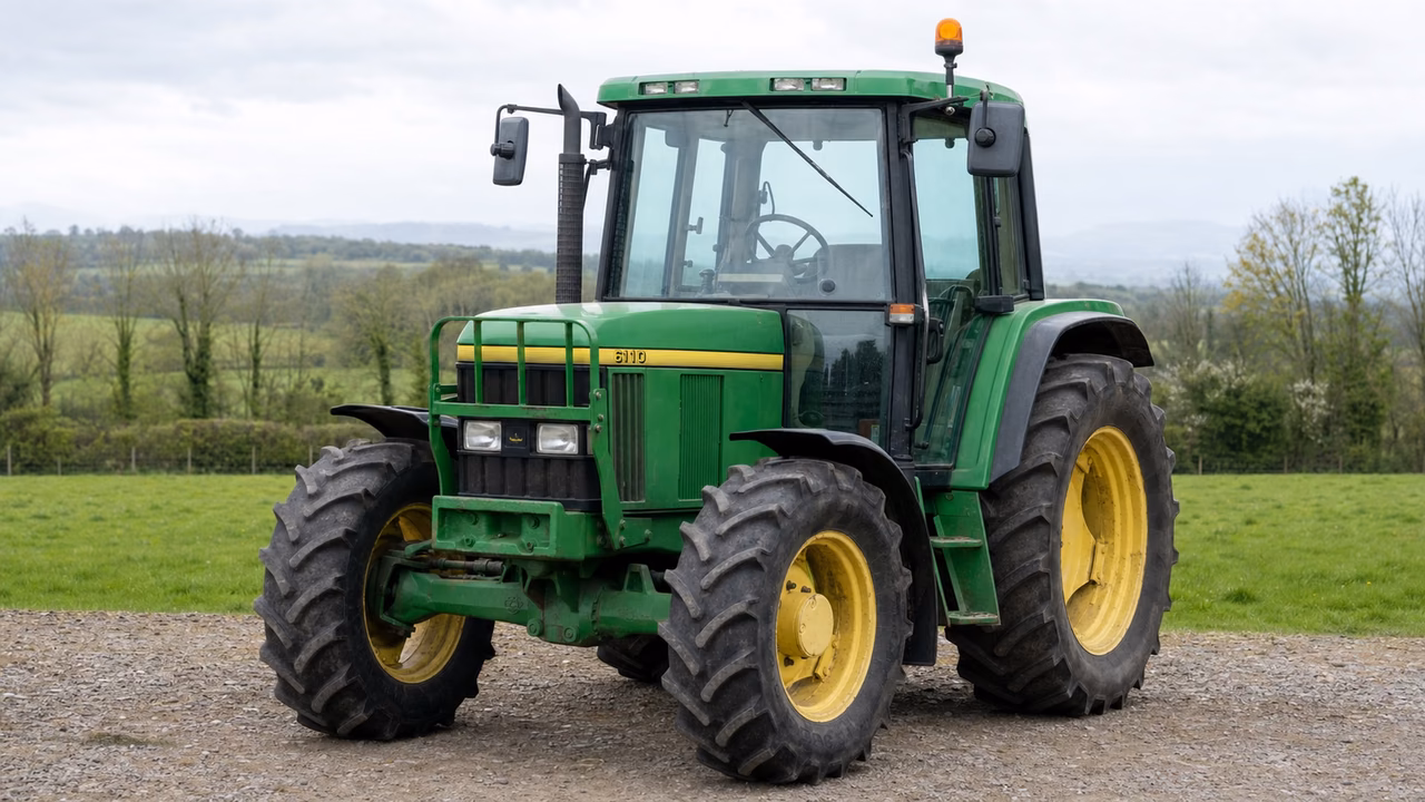 John Deere 6110 tractor in a rural farm setting.