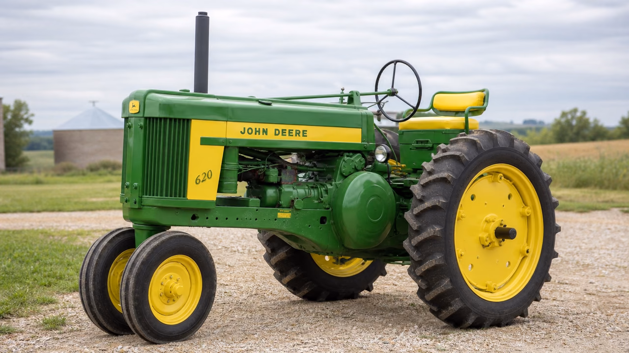 John Deere 620 tractor in a rural farm setting.