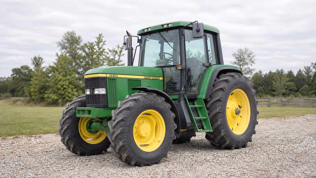 John Deere 6210 tractor in a rural farm setting.