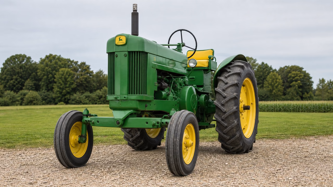 John Deere 630 tractor in a rural farm setting.