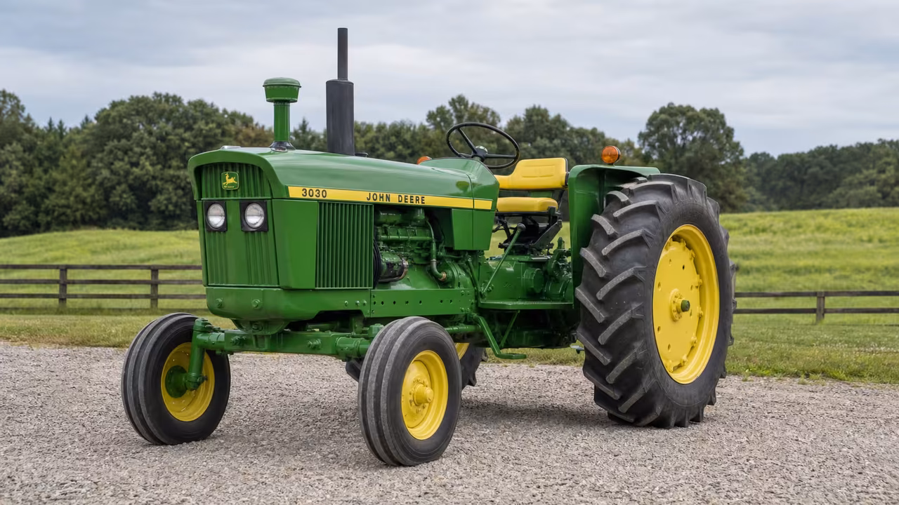 John Deere 3030 tractor in a rural farm setting.