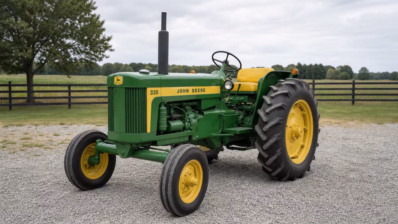 John Deere 330 tractor in a rural farm setting.