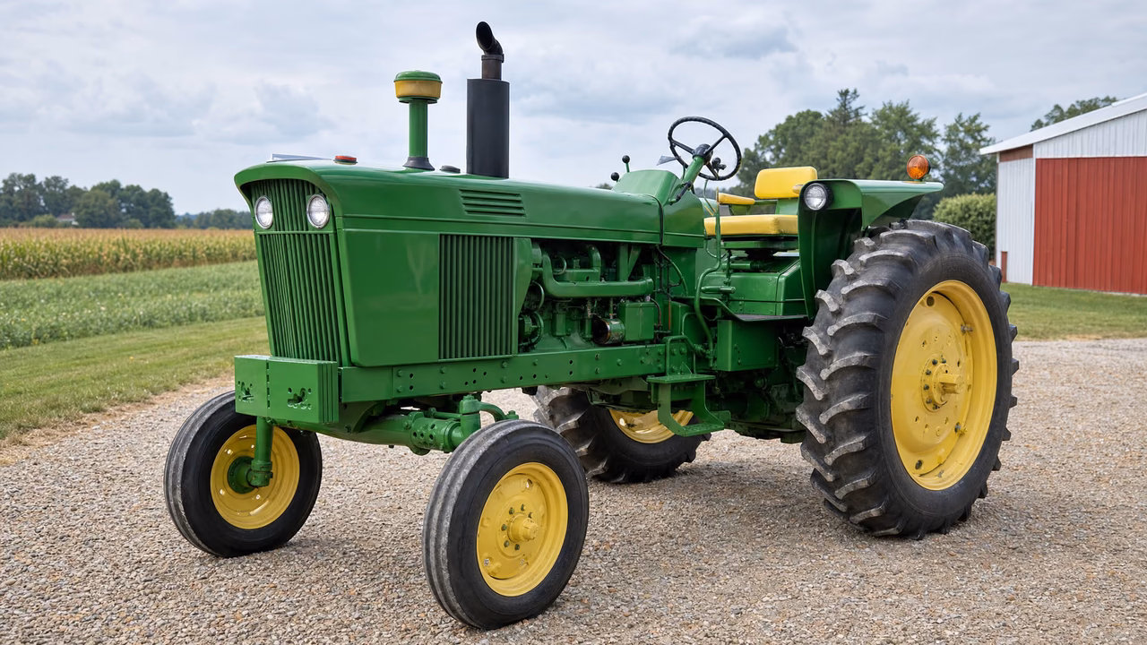 Green John Deere 4020 tractor with an open station and wide front axle on a gravel drive.