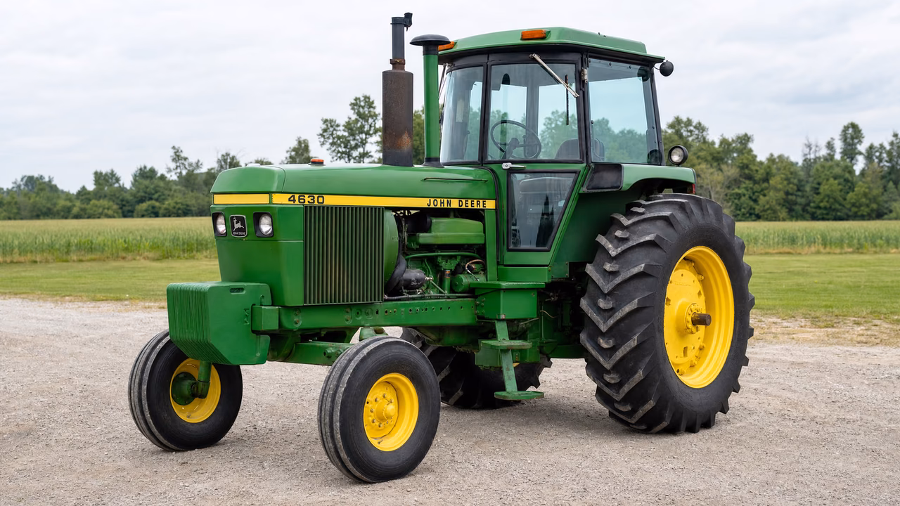 Green John Deere 4630 tractor with a cab and wide front axle on a gravel drive.