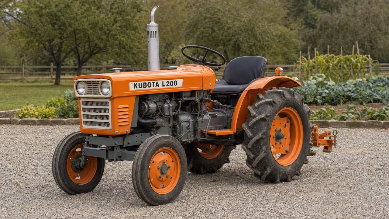 Kubota L200 tractor in a rural farm setting.