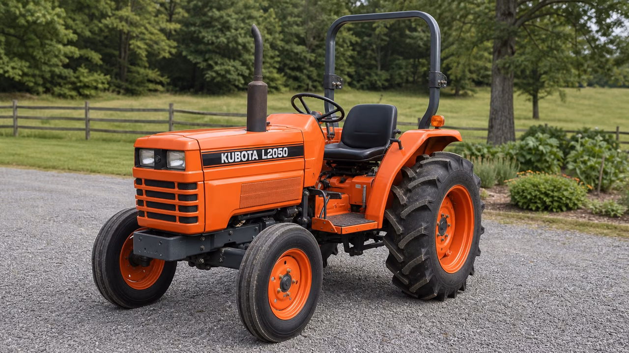 Kubota L2050 tractor in a rural farm setting.