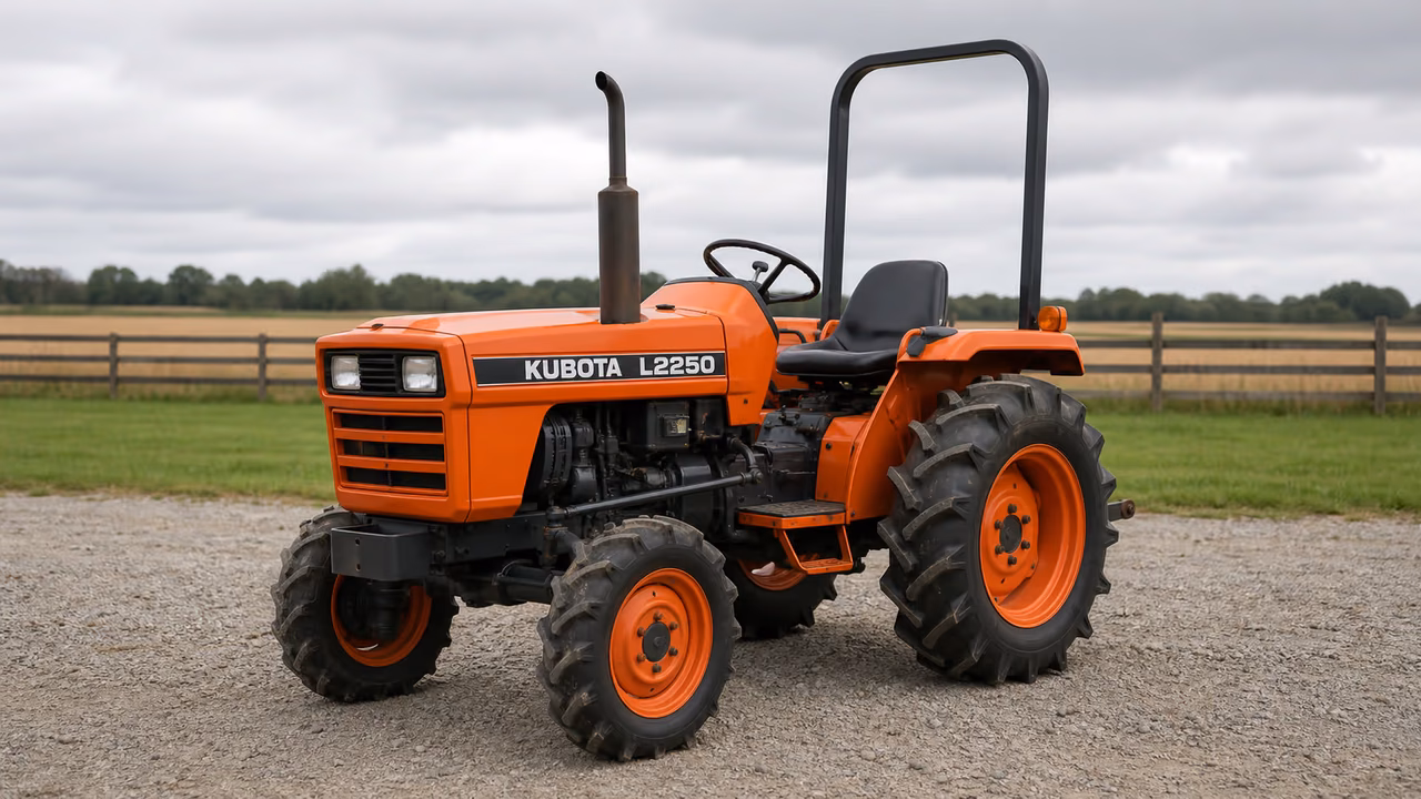 Kubota L2250 tractor in a rural farm setting.