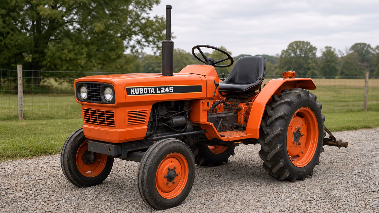 Kubota L245 tractor in a rural farm setting.