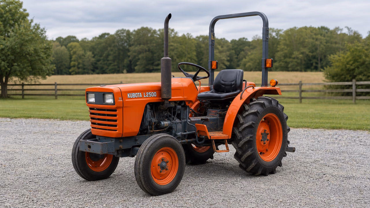 Kubota L2500 tractor in a rural farm setting.