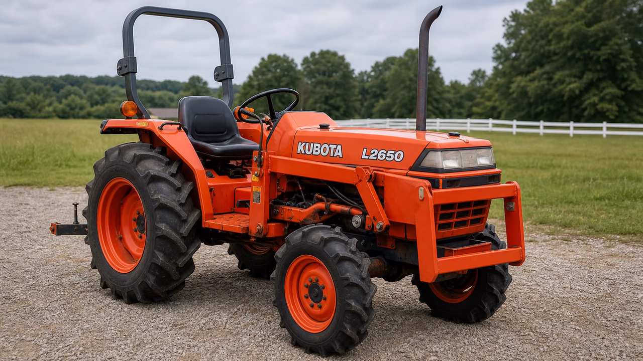 Kubota L2650 tractor in a rural farm setting.