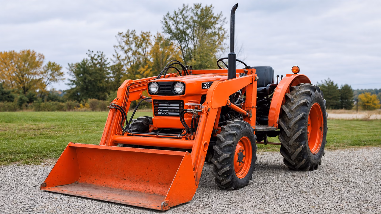 Kubota L275 tractor in a rural farm setting.