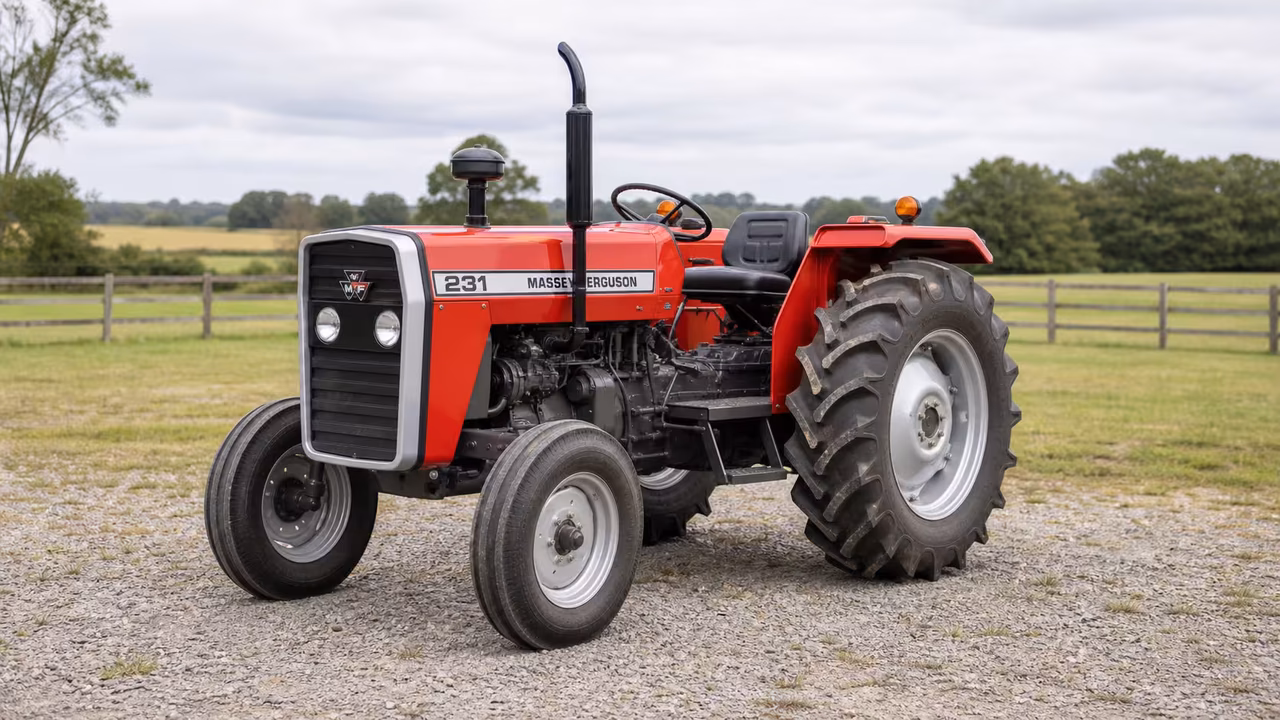 Red Massey Ferguson 231 tractor with an open station and two-wheel drive on a gravel farm drive.