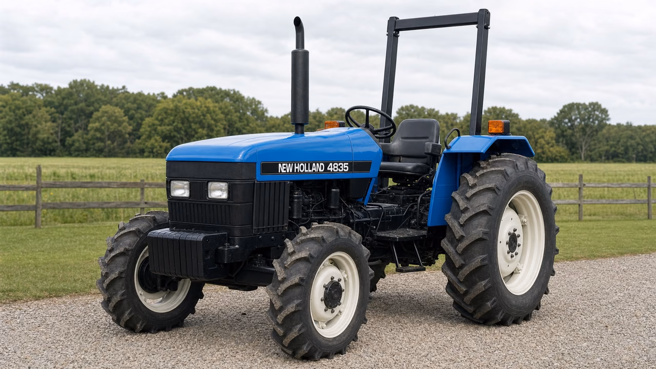 New Holland 4835 tractor in a rural farm setting.