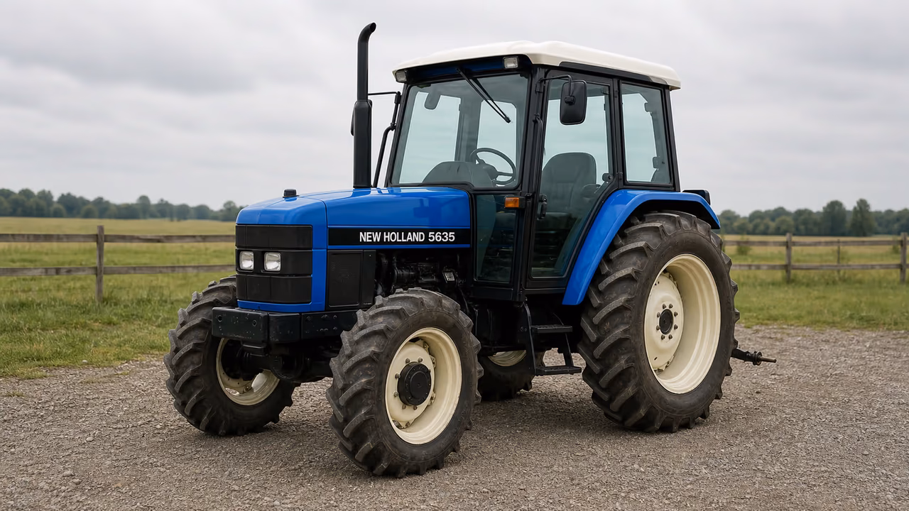 New Holland 5635 tractor in a rural farm setting.
