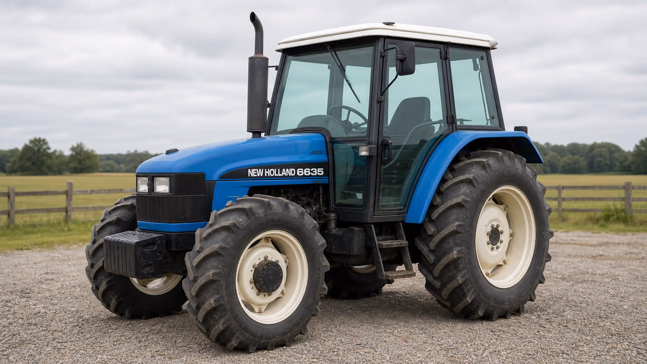 New Holland 6635 tractor in a rural farm setting.