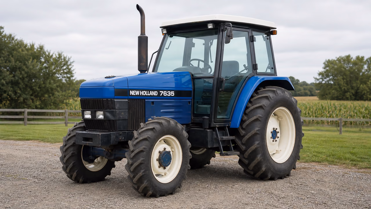 New Holland 7635 tractor in a rural farm setting.